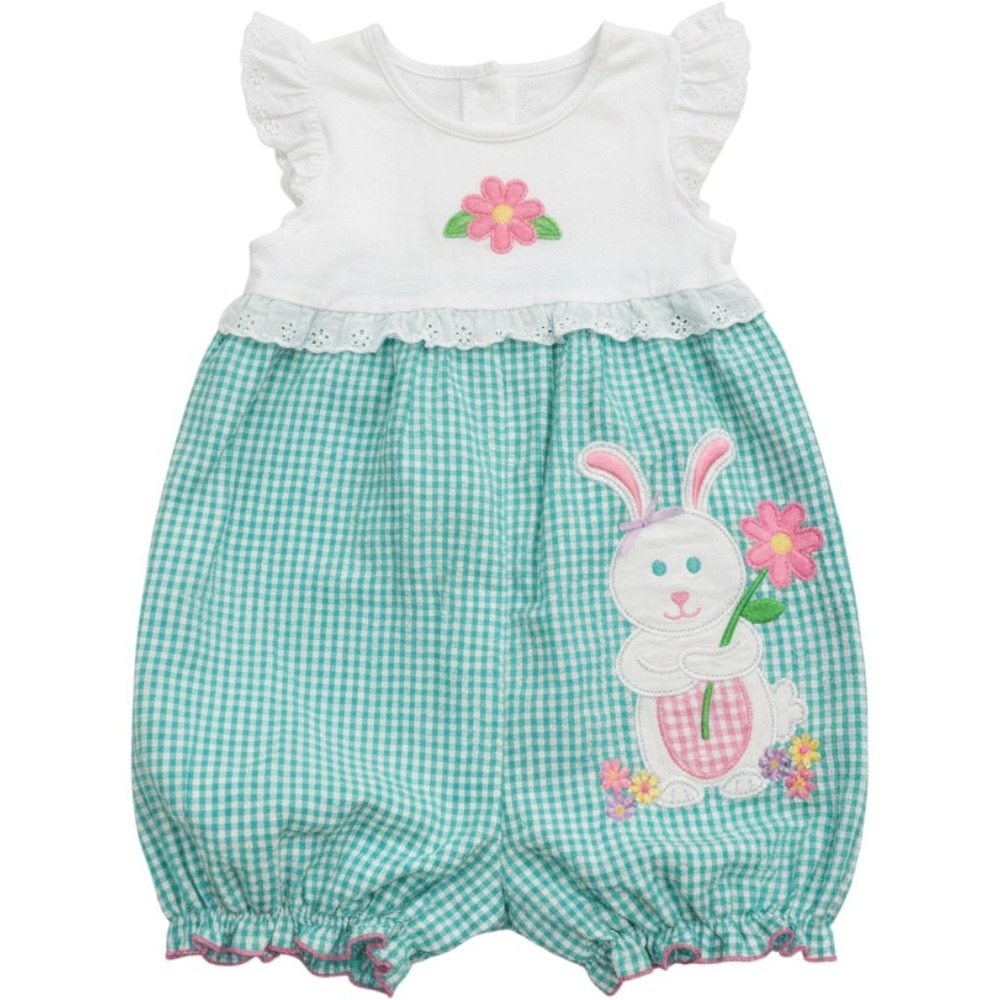 Good Lad Girls 24M Teal Gingham Bunny Embroidered‎ Bubble Romper Easter Spring